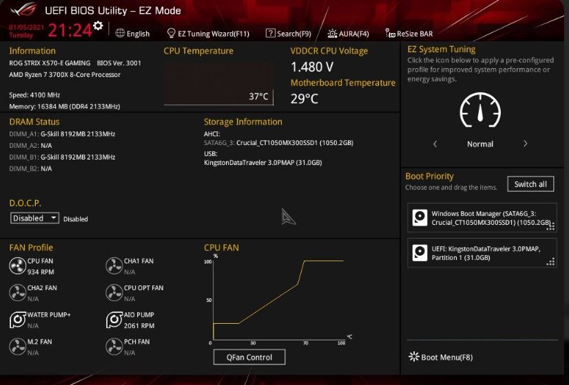 uefi bios utility screen showing cpu temperature and fan control settings