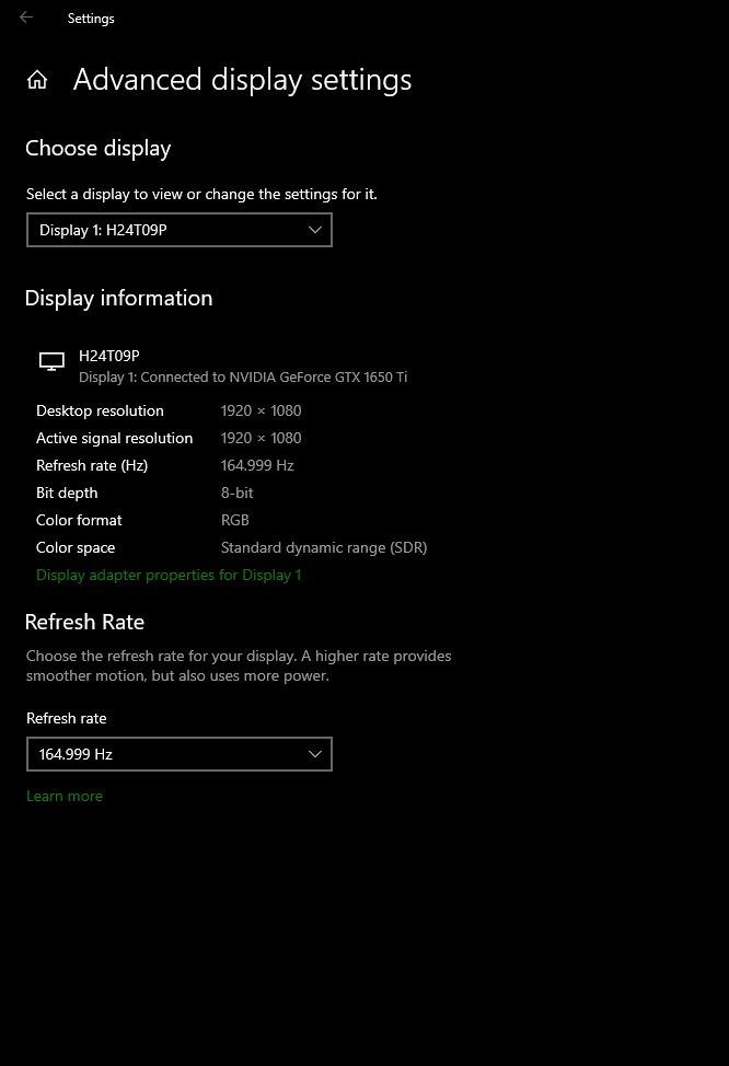 windows advanced display settings monitor resolution and refresh rate configuration
