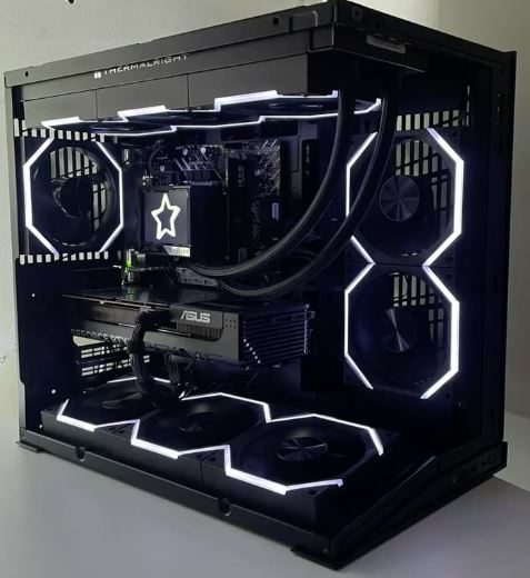 gaming pc case with full internal hardware setup and rgb cooling fans