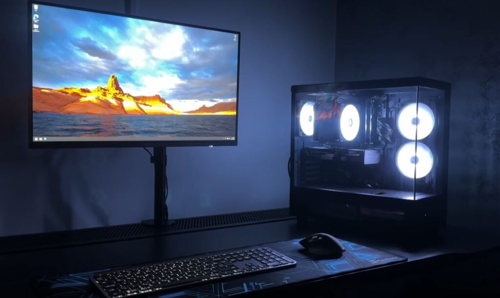 gaming pc setup with monitor keyboard mouse and rgb lighting for fps gaming