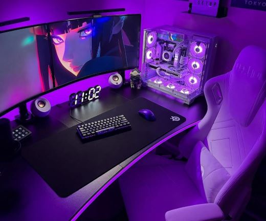 intel gaming pc setup with purple rgb theme for competitive fps gaming