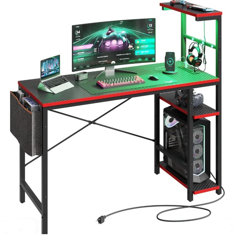 bestier gaming desk with monitor riser cable management and led lighting