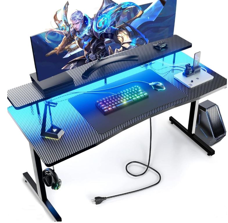 gtracing 55 inch gaming desk with rgb lighting and carbon fiber desktop
