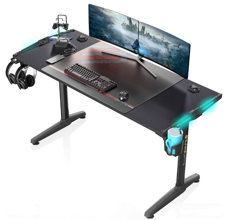 eureka ergonomic gaming desk with spacious desktop for dual monitor setup